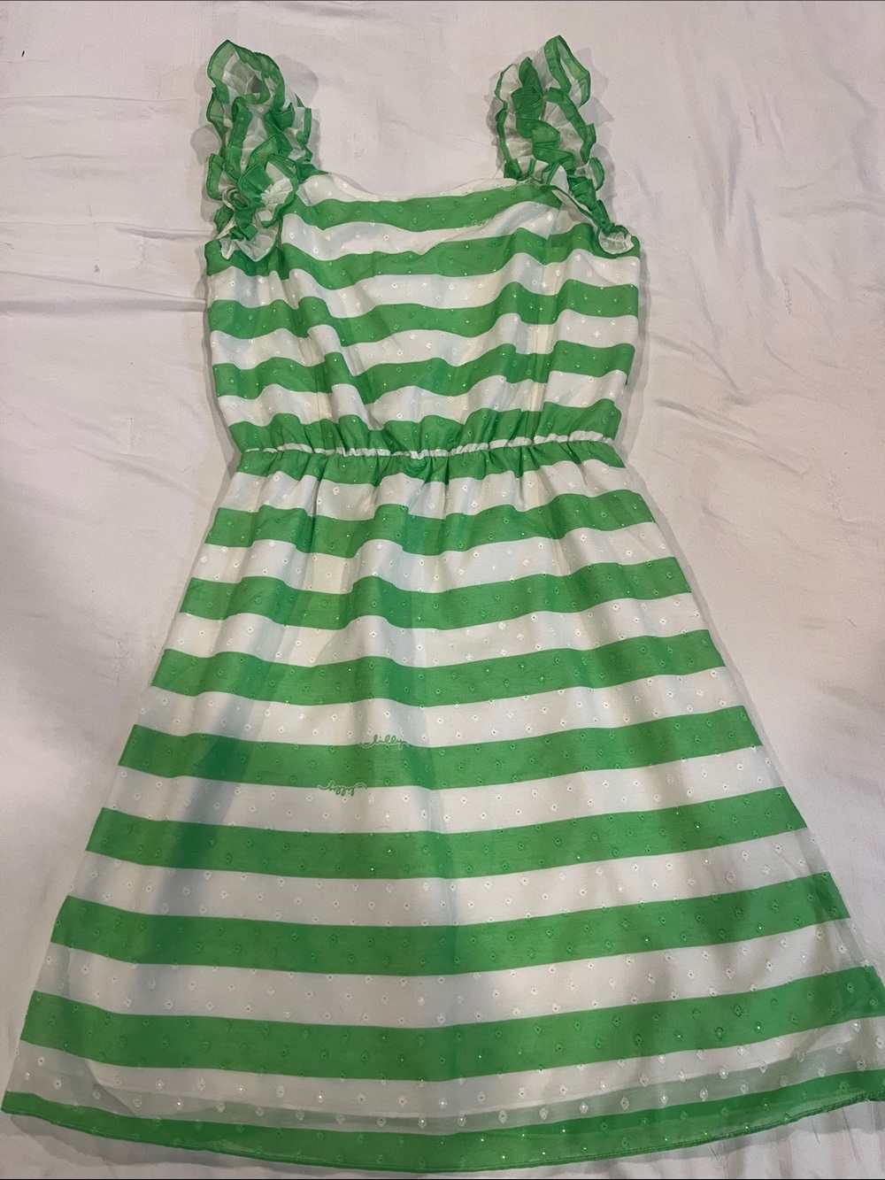 Lilly Pulitzer Green & White Striped Ruffle-Shoulder Dress